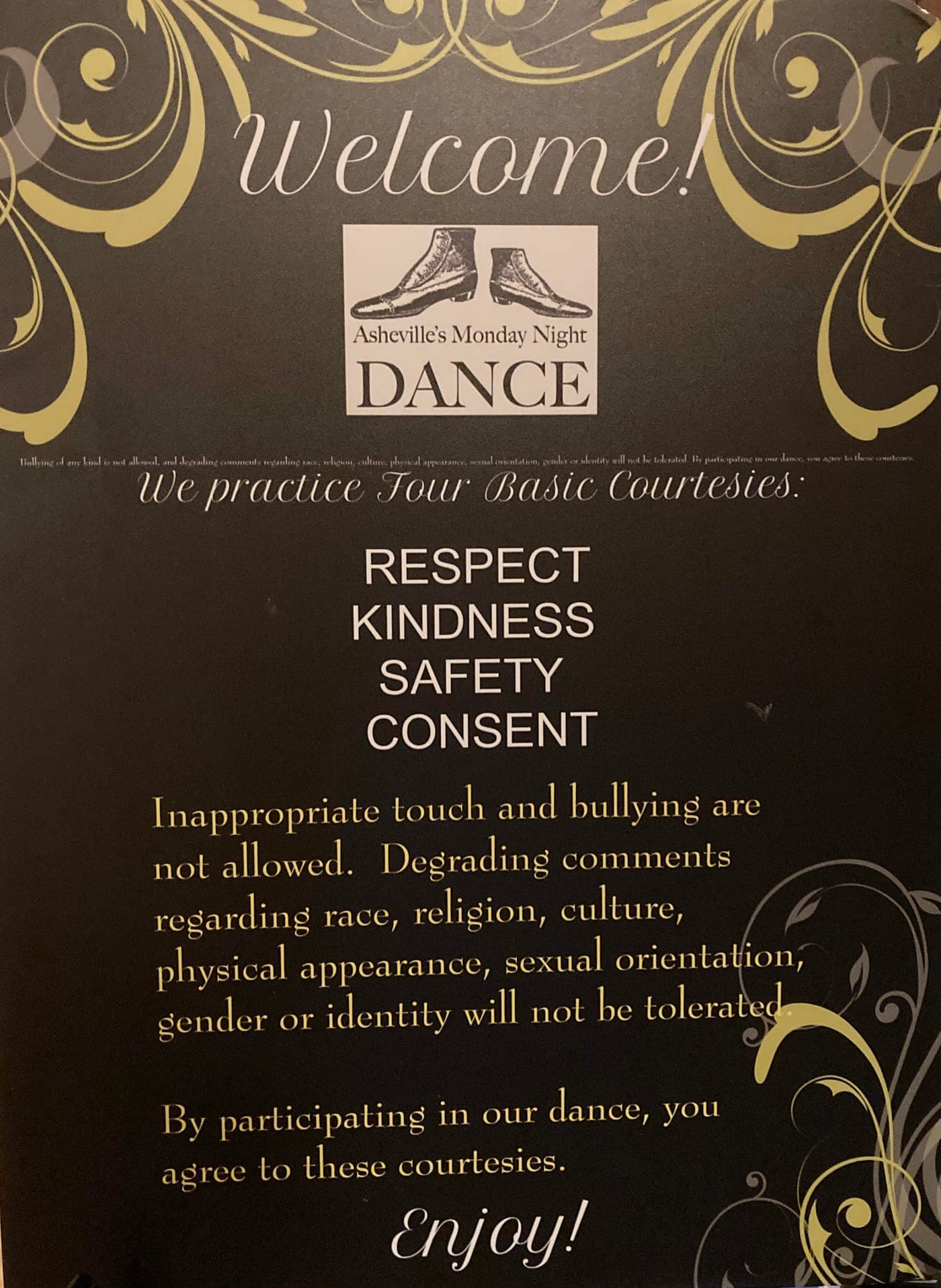 The dance's welcome sign listing the Four Basic Courtesies: respect, kindness, safety, consent